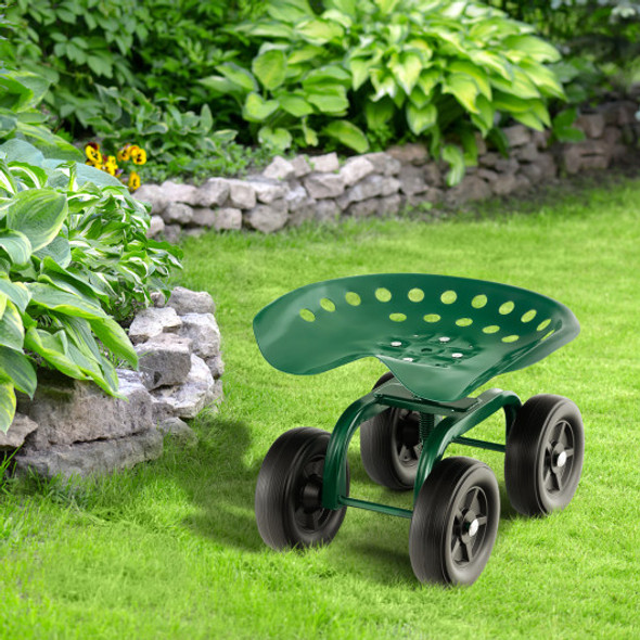 Garden Rolling Workseat with 360Swivel Seat and Adjustable Height-Green