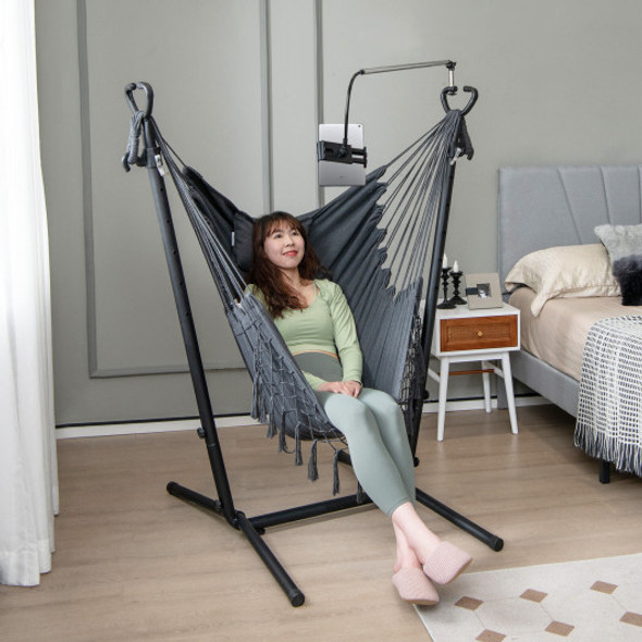 Height Adjustable Hammock Chair with Phone Holder and Side Pocket-Gray