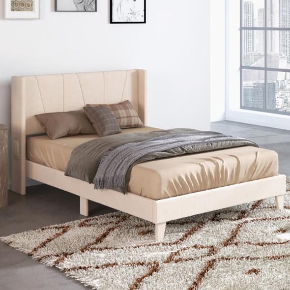 Full/Queen Size Upholstered Bed Frame with Geometric Wingback Headboard-Full Size