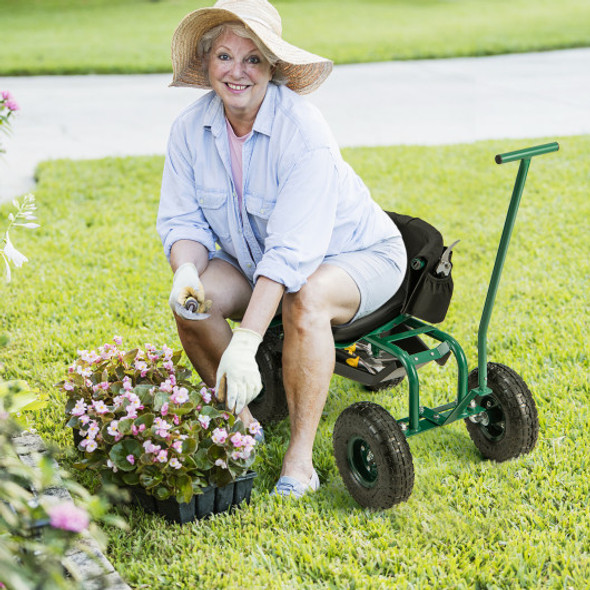 Rolling Garden Cart with Height Adjustable Swivel Seat and Storage Basket-Green