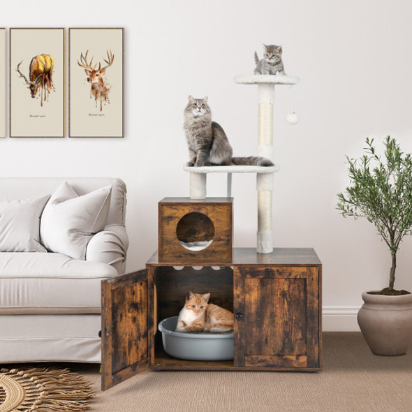Cat Tree with Litter Box Enclosure with Cat Condo-Rustic Brown