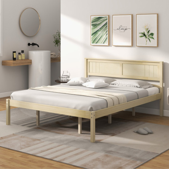 Queen Size Wooden Bed Frame with Headboard and Slat Support-Queen Size