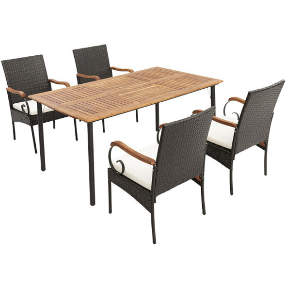 5 Pieces Patio Wicker Dining Set with Detachable Cushion and Umbrella Hole