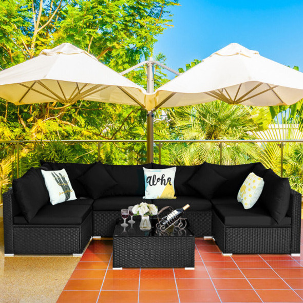 7 Pieces Sectional Wicker Furniture Sofa Set with Tempered Glass Top-Black & White