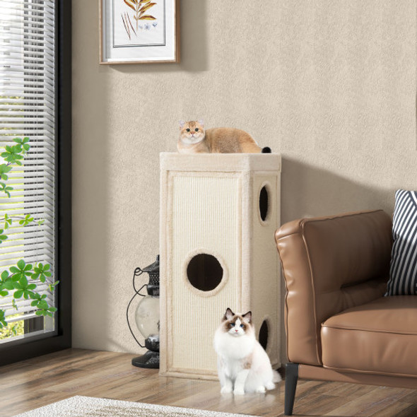 39" Tall Cat Condo with Scratching Posts and 3 Hideaways and 4 Soft Plush Cushions-Natural