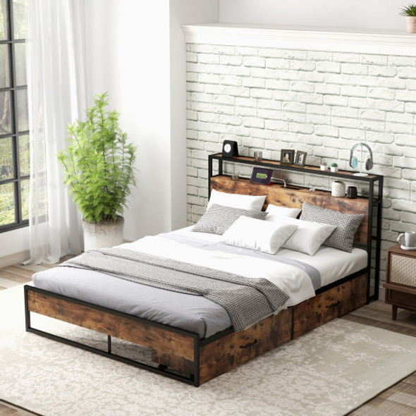Queen Bed Frame with 2-Tier Storage Headboard and Charging Station-Queen Size