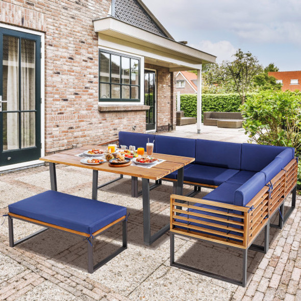 8 Pieces Patio Acacia Wood Dining Table Set with Ottoman Cushions-Navy
