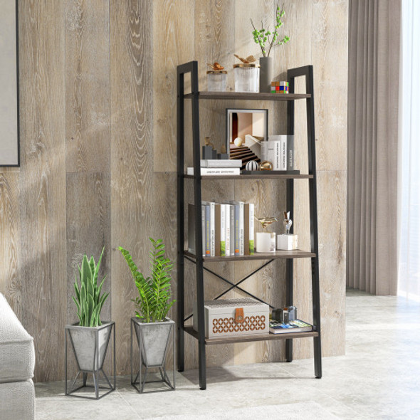 4-Tier Bookshelf with Metal Frame and Adjustable Foot Pads-Oak