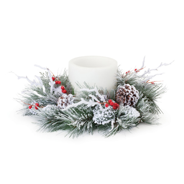 Flocked Pine Berry Candle Ring 20"D - 86855