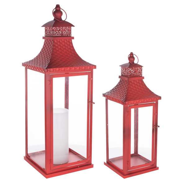 Traditional Lantern with Hammered Metal Lid (Set of 2) - 88764