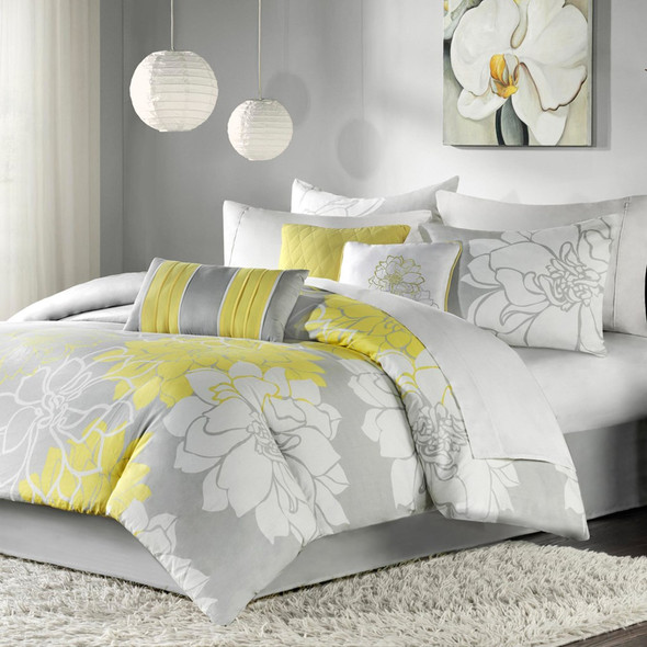 Yellow Grey & White Floral Comforter Set AND Decorative Pillows (Lola-Yellow)