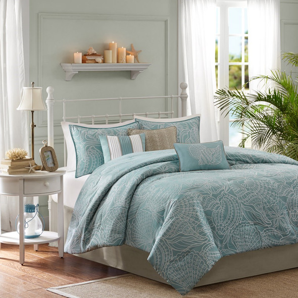 7pc Soft Blue & White Coastal Woven Comforter Set AND Decorative Pillows (Carmel-Blue)