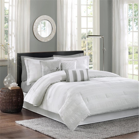 7pc White & Grey Striped Comforter Set AND Decorative Pillows (Hampton-White)