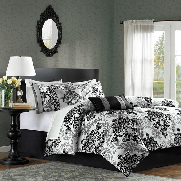 7pc Black & Gray Damask Comforter Set AND Decorative Pillows (Bella-Black)