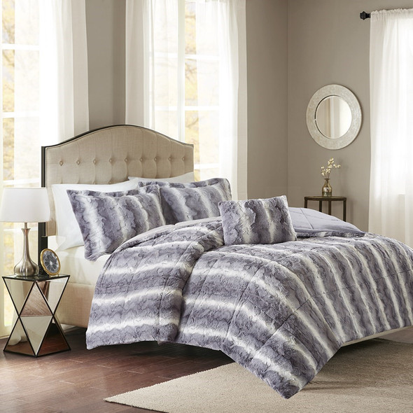 4pc Reversible Grey Faux Fur Comforter Set AND Decorative Pillow (Zuri-Grey)