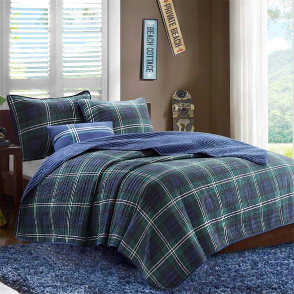 Blue & Green Plaid Reversible Coverlet Quilt Set AND Decorative Pillow (Brody-Blue)
