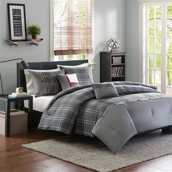 Grey & White Plaid Buttons Comforter Set AND Decorative Pillows (Daryl-Grey)