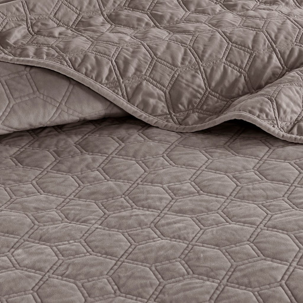 3pc Taupe Velvety Soft Geometric Stitch Coverlet Quilt AND Decorative Shams (Harper-Taupe-cov)