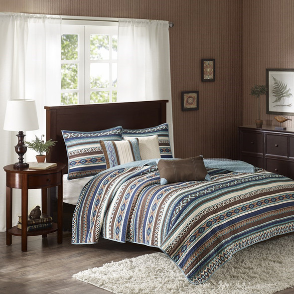 6pc Brown & Blue Southwestern Coverlet Quilt Set AND Decorative Pillows (Malone-Blue-cov)