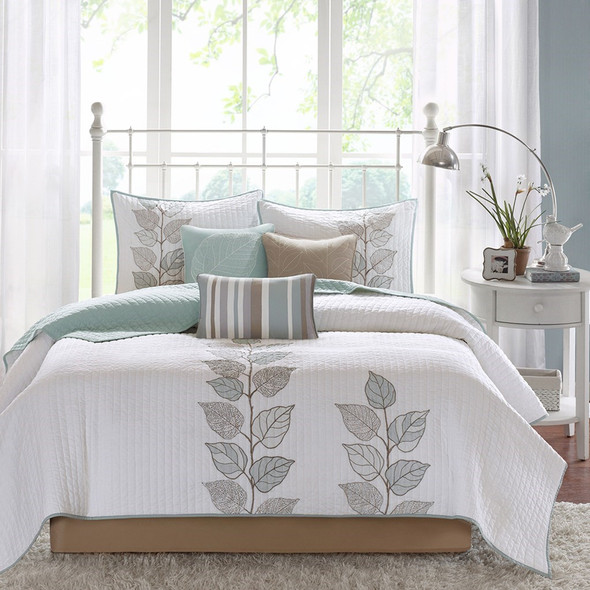 6pc Blue & White Reversible Coverlet Quilt Set AND Decorative Pillows (Caelie-Blue-cov)