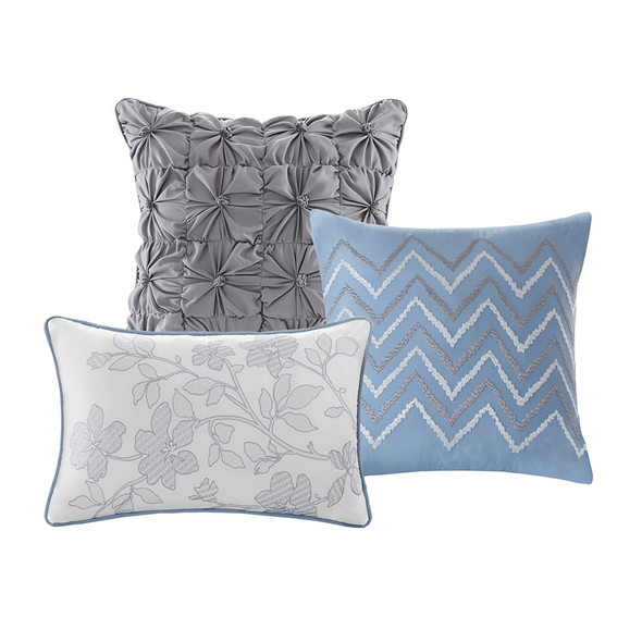 6pc Blue Grey & Ivory Floral Coverlet Quilt Set AND Decorative Pillows (Luna-Blue-cov)