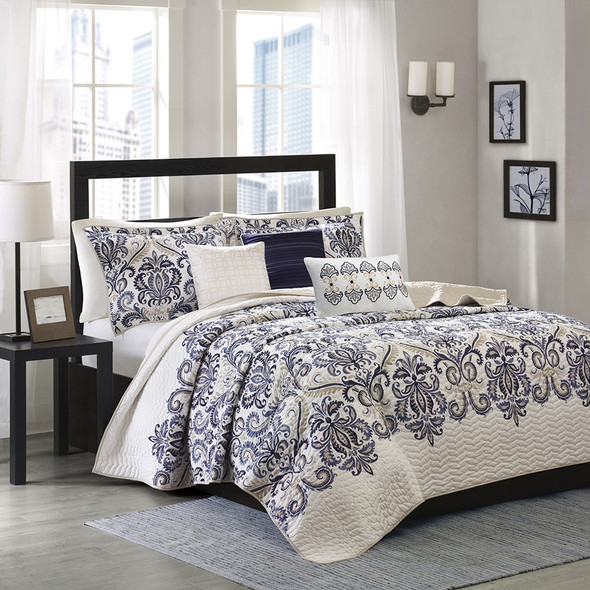 6pc Navy Blue & Grey Paisley Coverlet Quilt Set AND Decorative Pillows (Cali-Blue-cov)