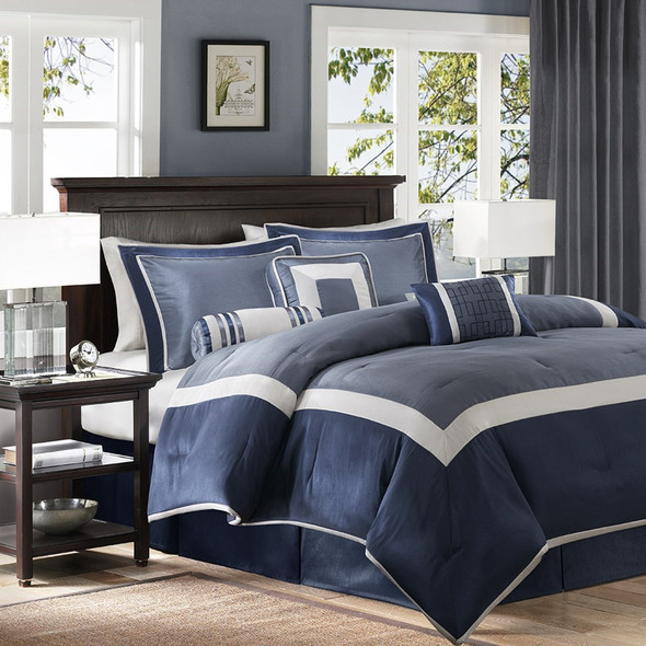 7pc Navy Blue & Silver Geometric Comforter Set AND Decorative Pillows (Genevieve-Navy)