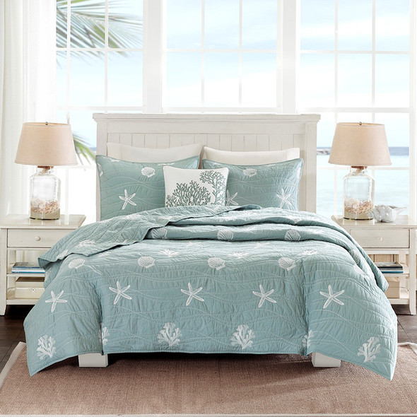 4pc Blue & White Coastal Seashells Coverlet Quilt Set AND Decorative Pillow (Seaside-Blue-Cov)