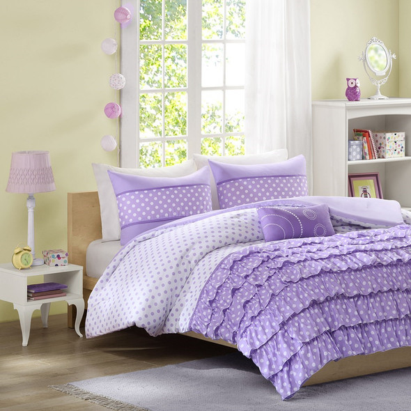 Purple & White Polka Dots Ruffled Comforter Set AND Decorative Pillow (Morgan-Purple-comf)
