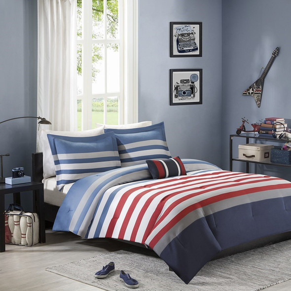 Red White Blue & Grey Stripes Comforter Set AND Decorative Pillow (Kyle-Red)