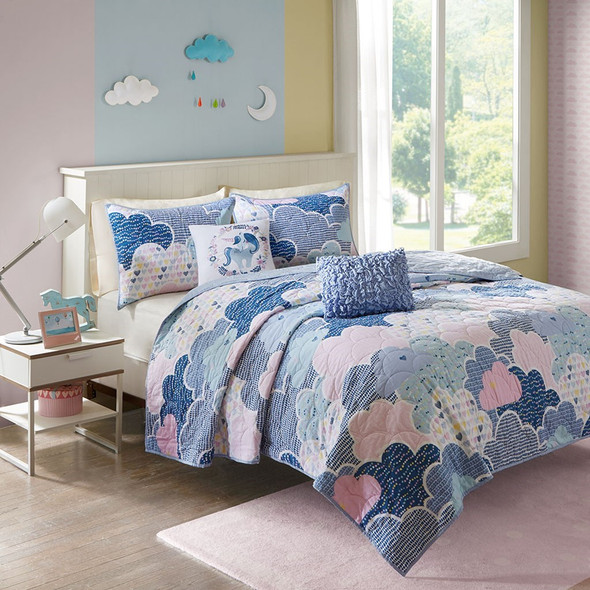 Blue Purple Pink Playful Clouds Quilted Coverlet AND Decorative Pillows (Cloud 9-Blue-Cov)