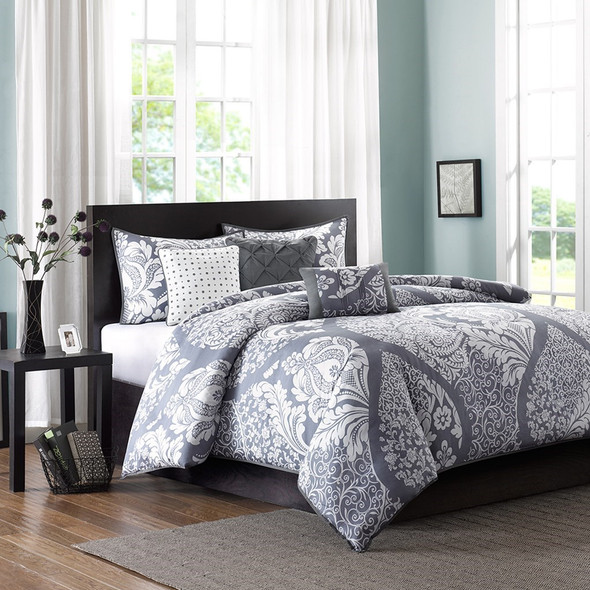 6pc Grey & White Ogee Cotton Duvet Cover Bedding Set AND Decorative Pillows (Vienna-Grey-duv)