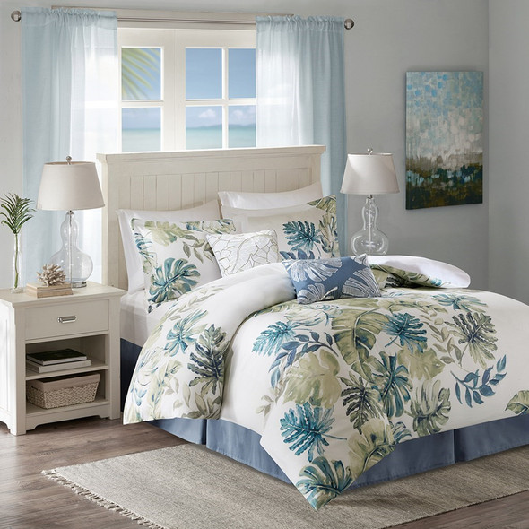 6pc Blue Green & White Coastal Print Cotton Comforter AND Decorative Pillows (Lorelai-Multi)