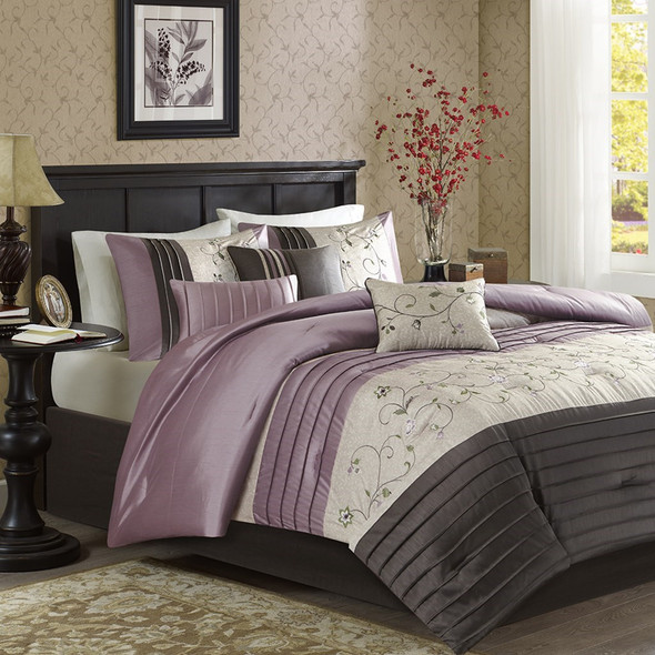 7pc Purple & Grey Embroidered Floral Comforter Set AND Decorative Pillows (Serene-Purple)