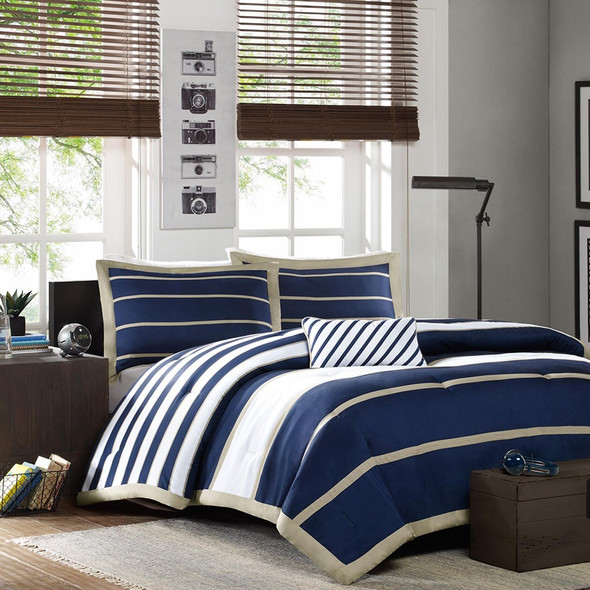 Navy Khaki & White Striped Duvet Cover Bedding Set AND Decorative Pillow (Ashton-Navy-duv)