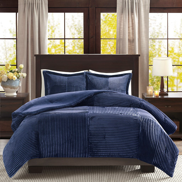 Navy Blue Ultra Plush Corduroy Comforter AND Decorative Shams (Parker-Blue)