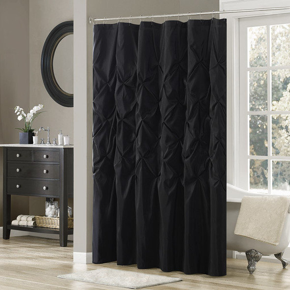 Black Pleated Tufted Fabric Shower Curtain - 72" x 72" (Laurel-Black-Shower)