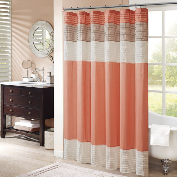 Coral & Taupe Pintuck Striped Fabric Shower Curtain - 72" x 72" (Amherst-Coral-Shower)