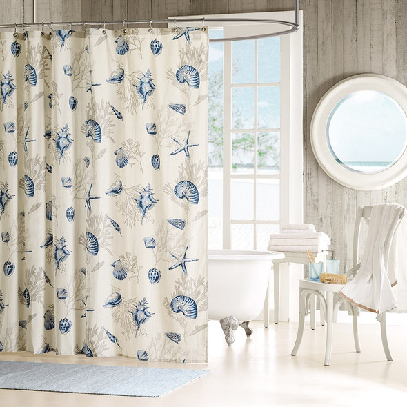 Coastal Blue & Taupe Seashells Cotton Fabric Shower Curtain - 72" x 72" (Bayside-Blue-Shower)