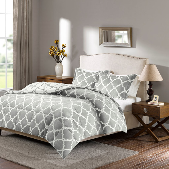 Grey & White Reversible Geometric Fretwork Comforter AND Pillow Shams (Peyton-Grey)