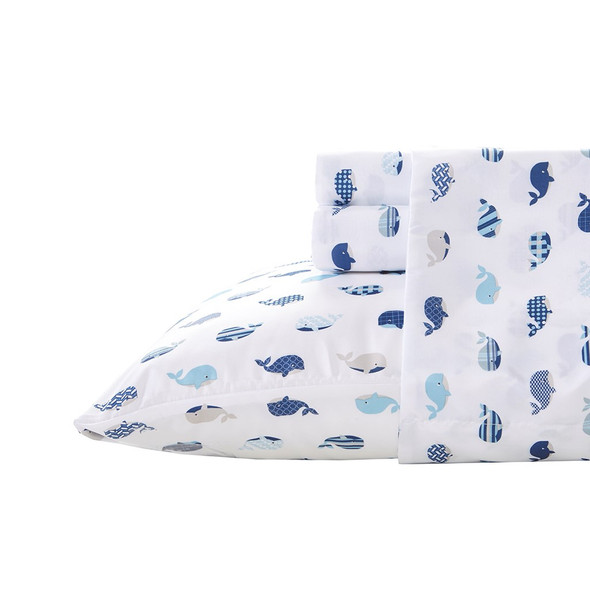 Blue & White Moby Whales Printed Microfiber Sheet Set (Printed Sheets-Blue)