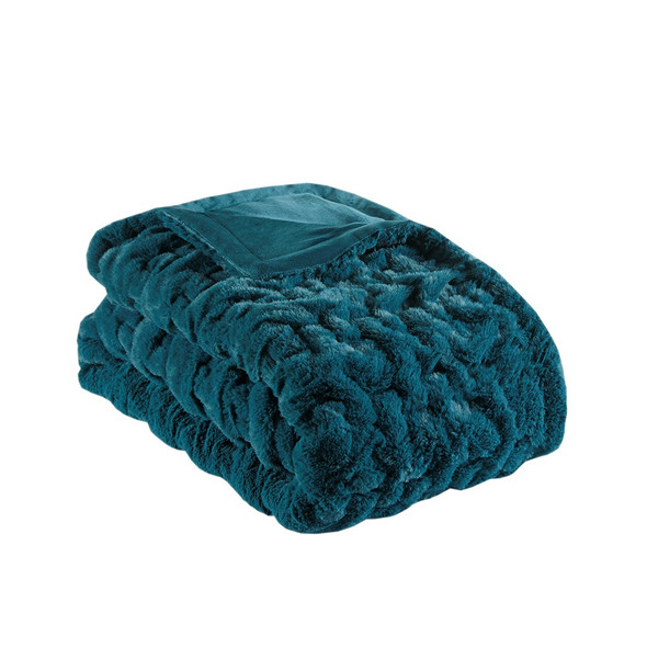 Teal Blue Ruched Faux Fur Reversible Throw - 50" x 60" (Ruched-Teal)