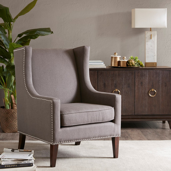 Charcoal Brown Barton Herringbone Wing Back Chair w/Wood Legs (Barton-Charcoal-Chair)