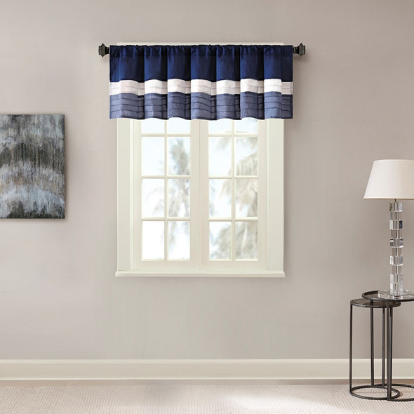 Navy Blue & Ivory Pintucked Faux Silk Window Valance - Rod Pocket (Amherst-Navy-val)