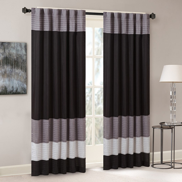 Black Grey & Silver Pintucked Faux Silk Curtain Panel w/Back Tabs - 50x84" (Amherst-Black-Panel)