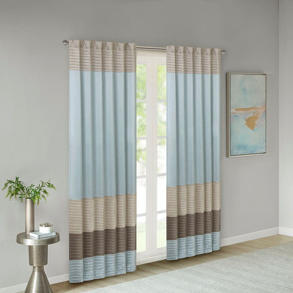 Blue Taupe & Brown Pintucked Faux Silk Curtain Panel w/Back Tabs - 50x84" (Amherst-Blue-Panel) 