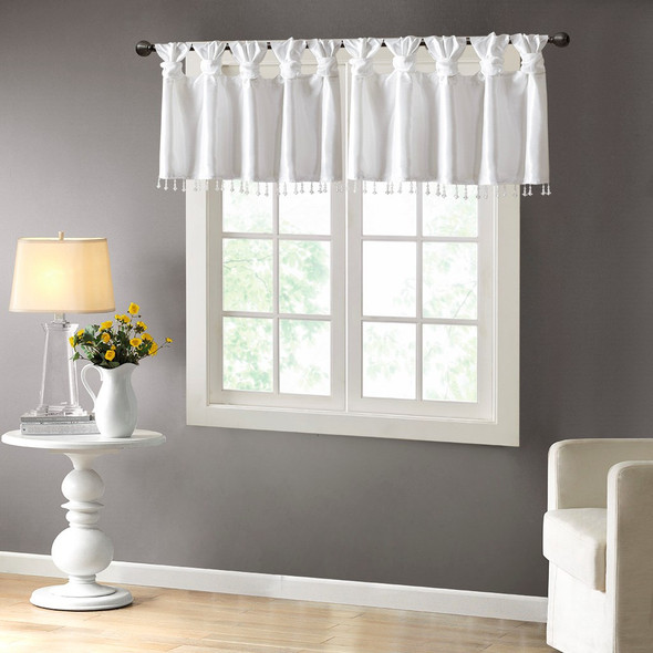White Faux Silk DIY Twisted Tab Top Window Valance w/Hanging Beads (Emilia-White-val)