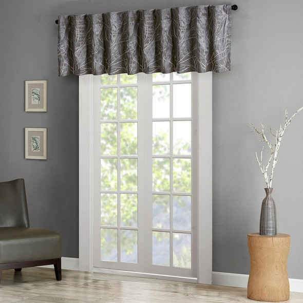 Grey Faux Silk Embroidered Rod Pocket Window Valance (Andora-Grey-val)