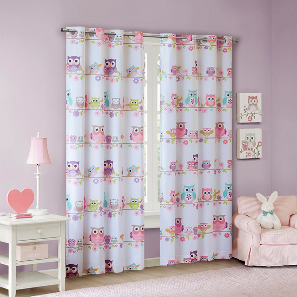 Pink & White Flowers & Owls BLACKOUT Grommet Top Curtain Panel (Wise Wendy-Pink-Panel)