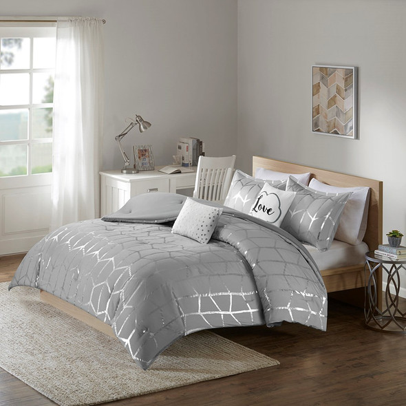 Grey & Metallic Silver Geometric Comforter Set AND Decorative Pillows (Raina-Grey/Silver)